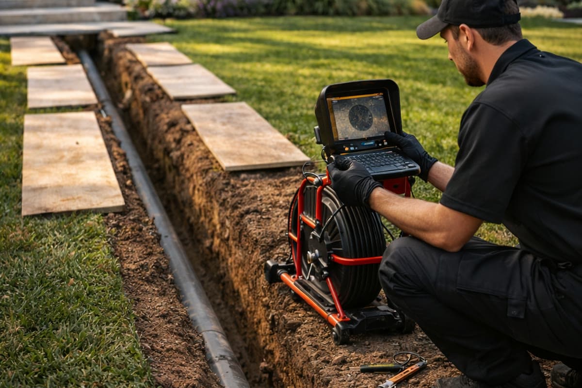 Plumber operating a sewer camera inspection monitor outdoors