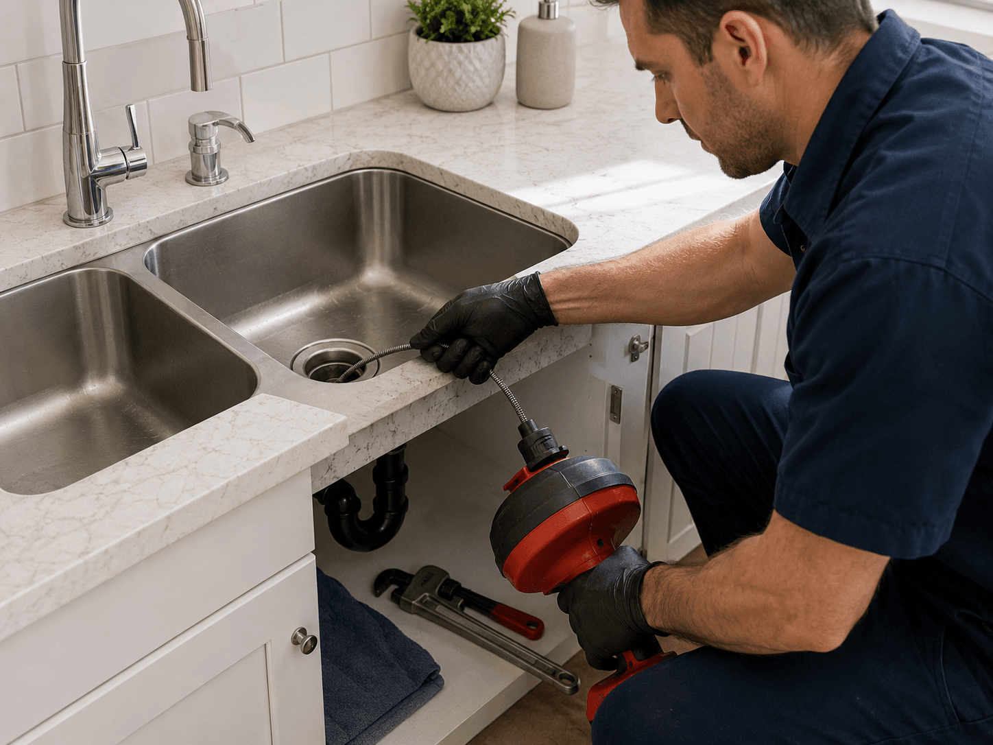 Photo: clearing a kitchen sink drain