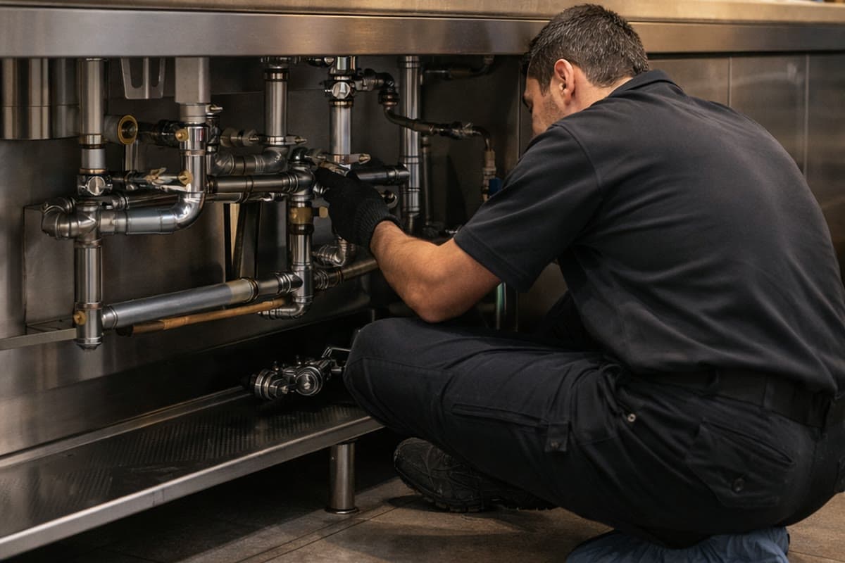 Plumber clearing a clogged drain under a commercial kitchen sink