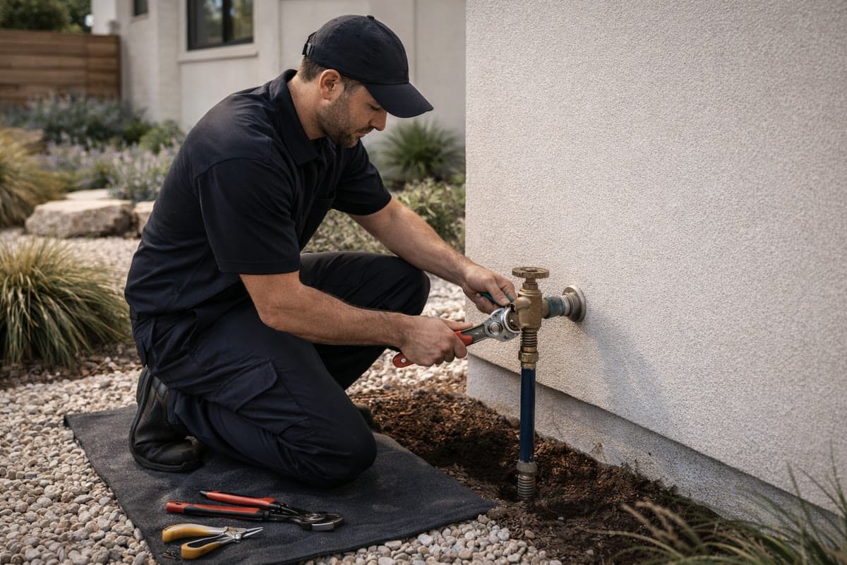 Plumber repairing an outdoor water shutoff valve at a home