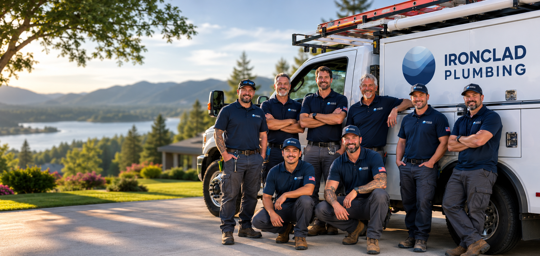 The Ironclad Plumbing team beside their service truck in Austin